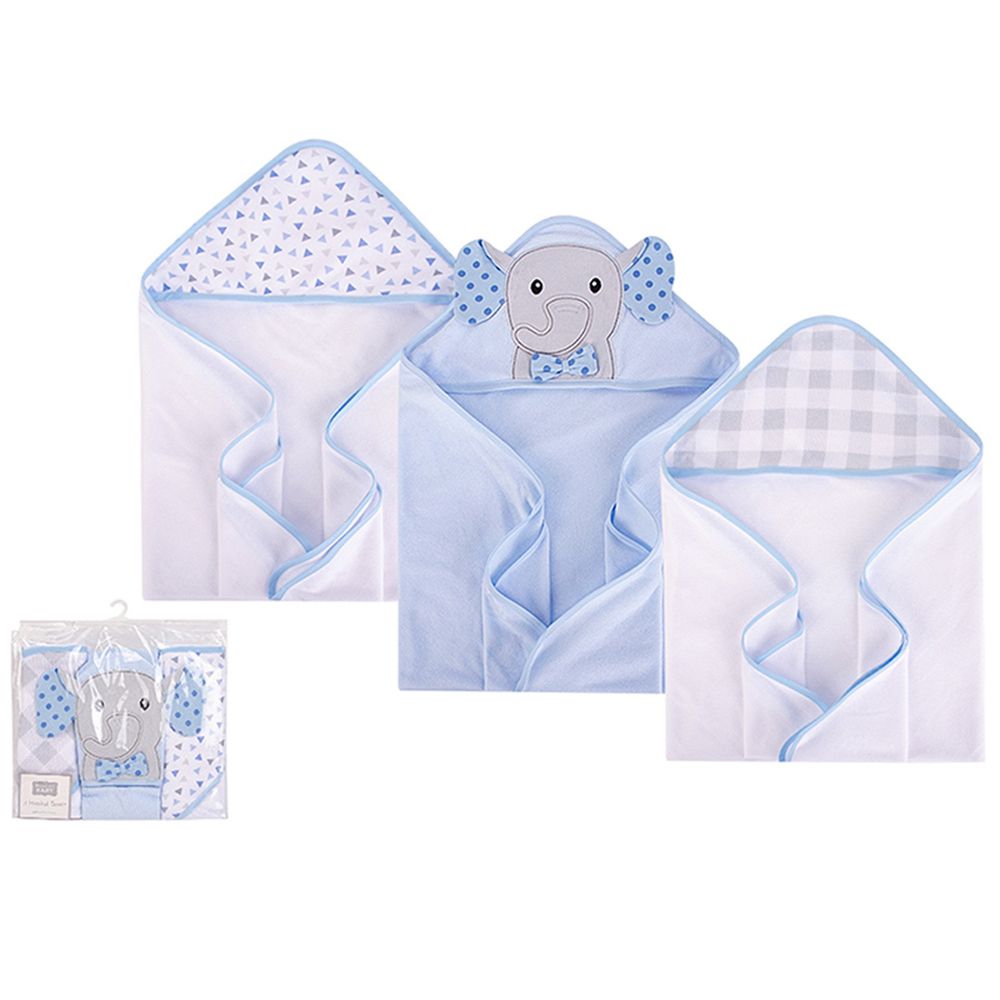 美國 Luvable Friends - 甜蜜寶貝嬰幼兒動物造型連帽浴巾/包巾3入超值組 (送禮自用兩相宜)-藍點灰象