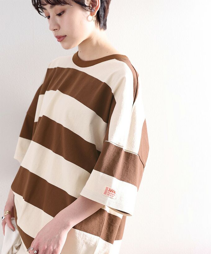 日本 Classical Elf - Java 純棉寬條紋落肩五分袖上衣-果綠x米杏