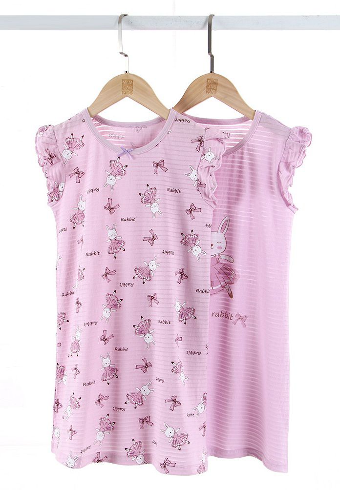 MAMDADKIDS - 竹節棉荷葉袖睡衣/睡裙-跳舞兔子-紫色
