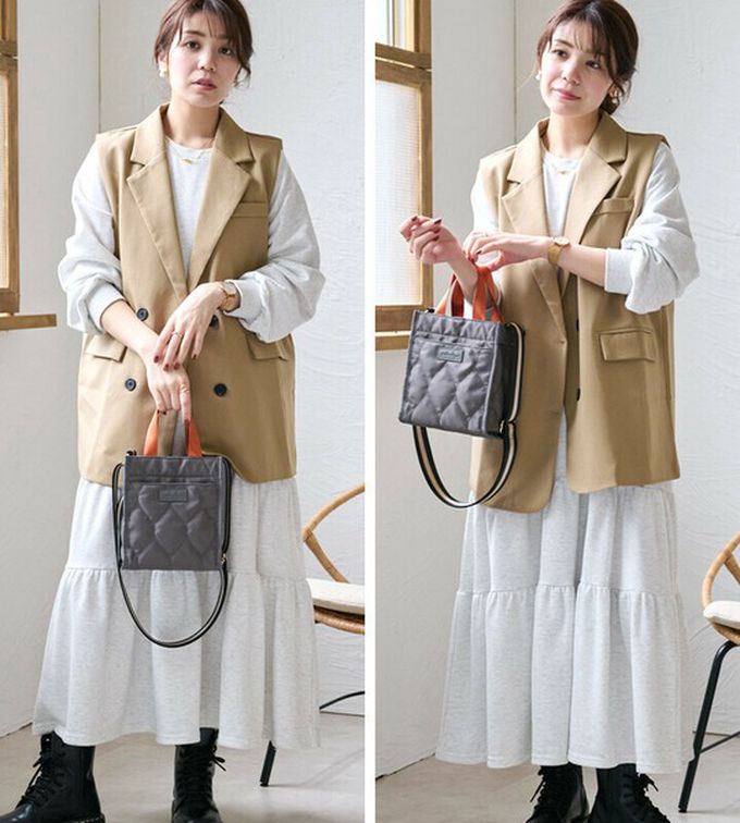 日本 LIZDAYS - 防潑水 輕巧絎縫方形側背小包-黑x橘