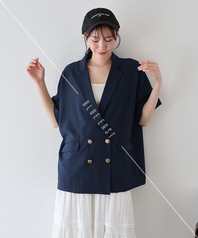 日本 BLUE EAST - 亞麻感氣質金釦短袖西裝外套-卡其杏
