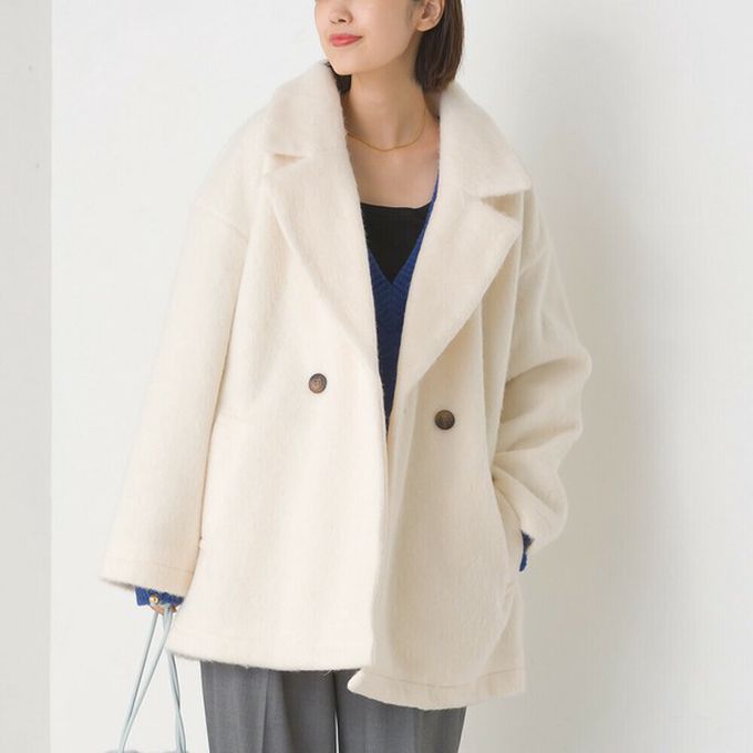 日本 OMNES - 微刷毛百搭西裝領雙扣修身大衣-摩卡