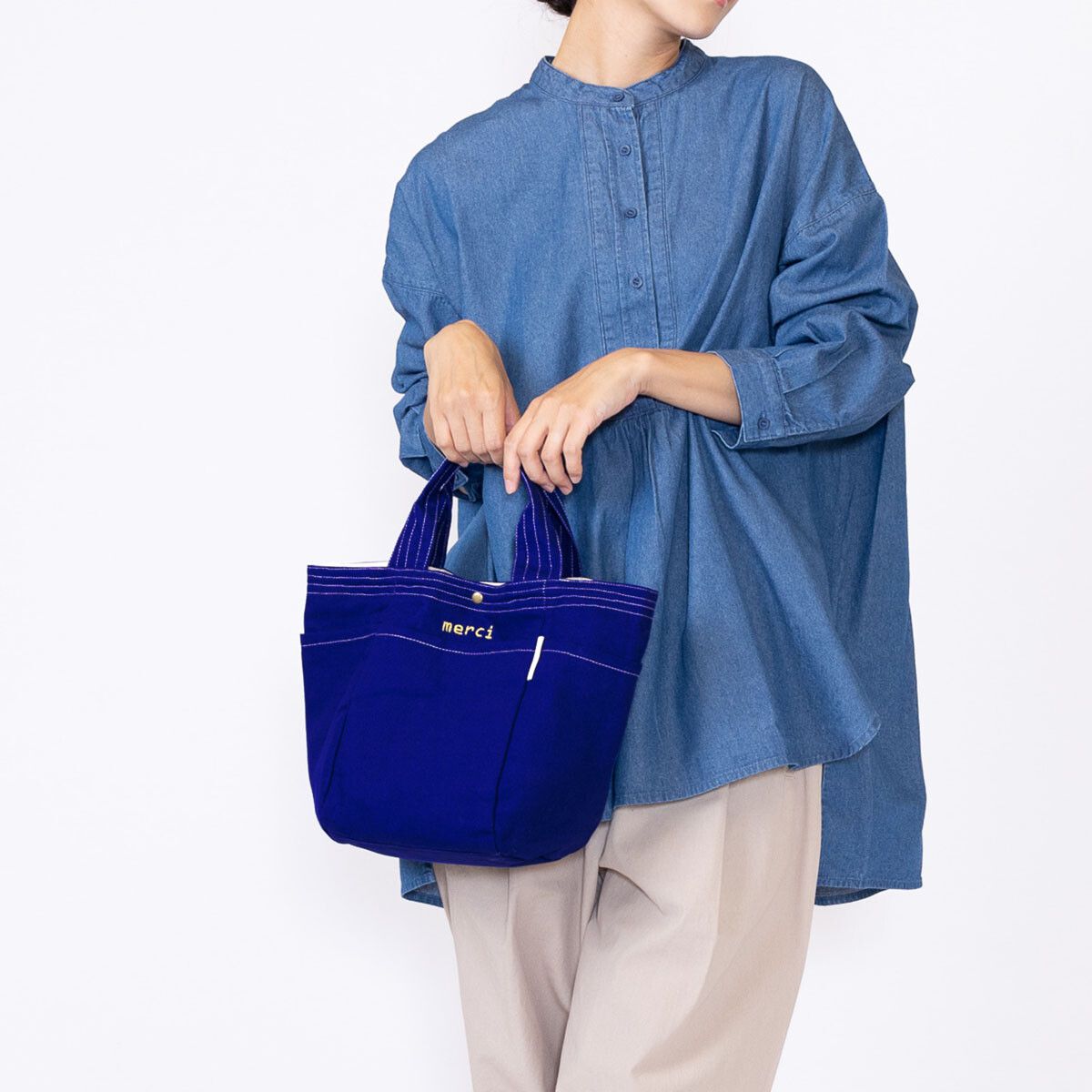 日本 Chepeli - 印度棉 刺繡手提帆布包/托特包-merci-黑 (25x37x16cm)