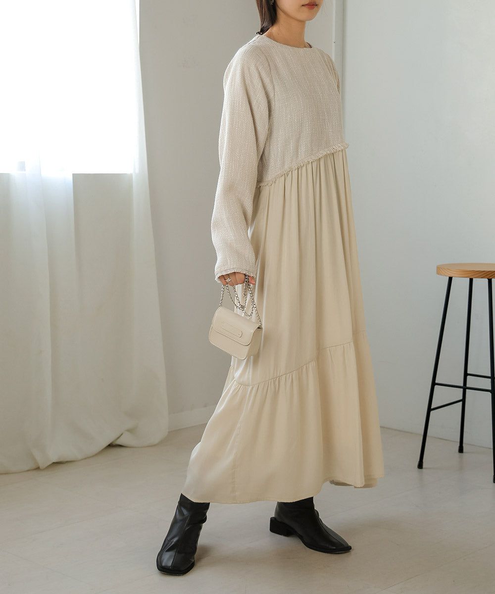 日本 Bab - 仙氣花呢異材質拼接長袖洋裝-黑