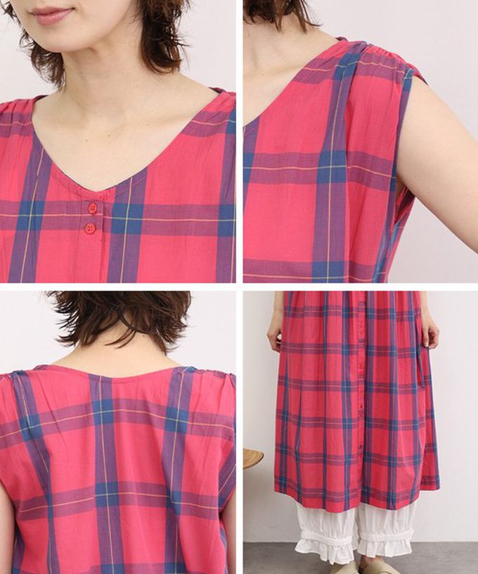 日本 Lupilien - 100%印度棉 清爽格紋開襟無袖洋裝-灰褐