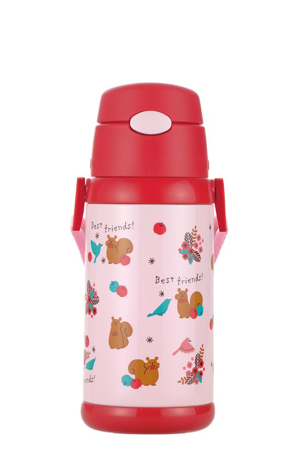 日本 Richell 利其爾 - 不鏽鋼兩用保溫水壺-甜心森林-紅 (495ml~530ml)