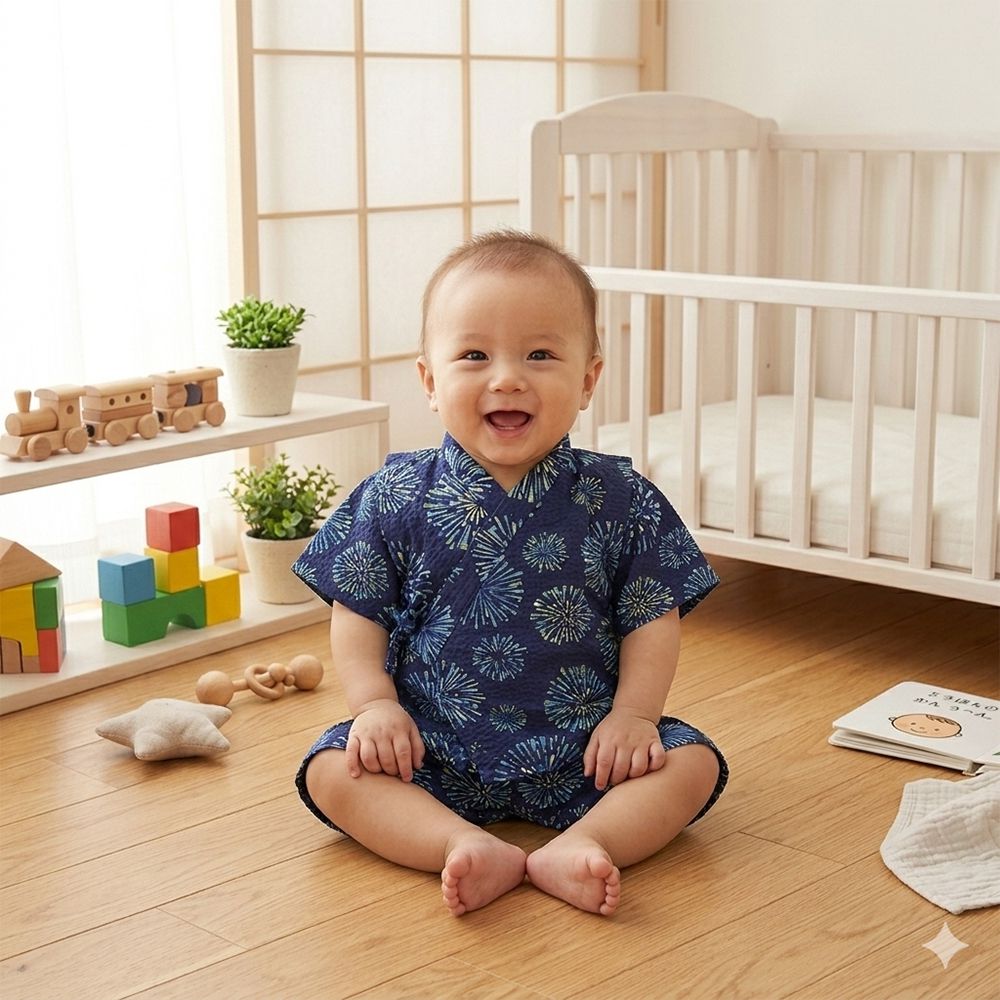 兒童兩件式甚平-煙火-深藍色