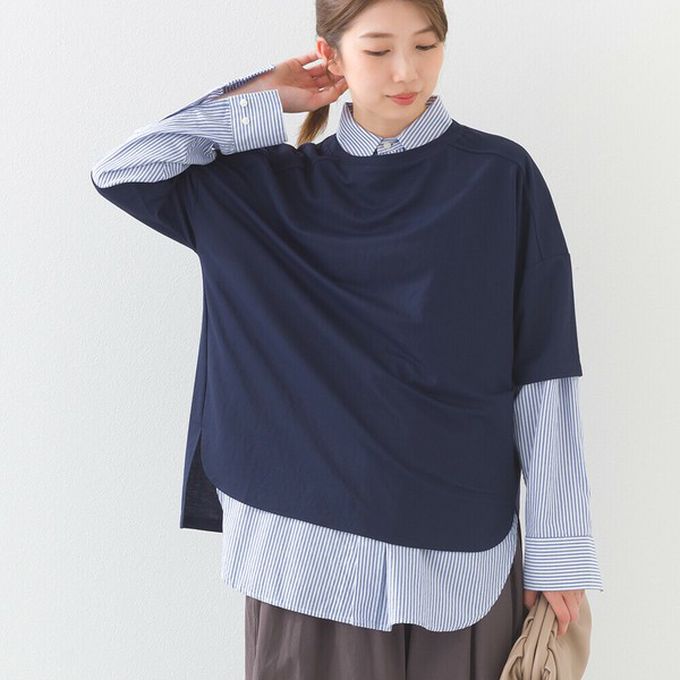 日本 OMNES - 接觸冷感 嫘縈寬版圓領五分袖上衣-海軍藍