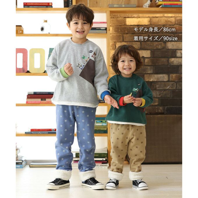 日本 ZOOLAND - 熊耳口袋滿版星星裏毛長褲-卡其