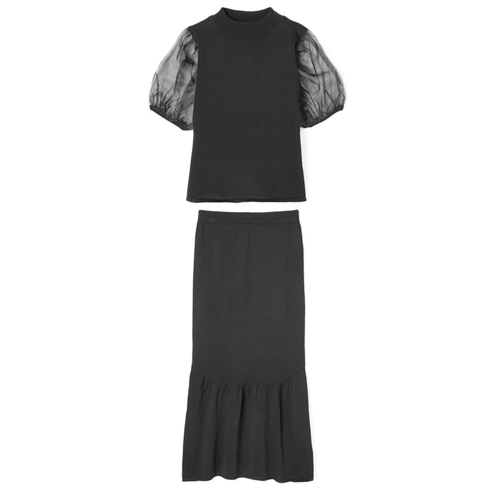 日本 GRL - 薄紗澎袖上衣+小魚尾修身長裙套裝-時尚黑