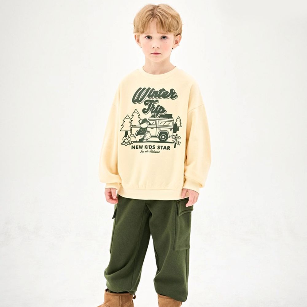 露營熊熊圖印內刷毛長袖套裝-米黃X軍綠