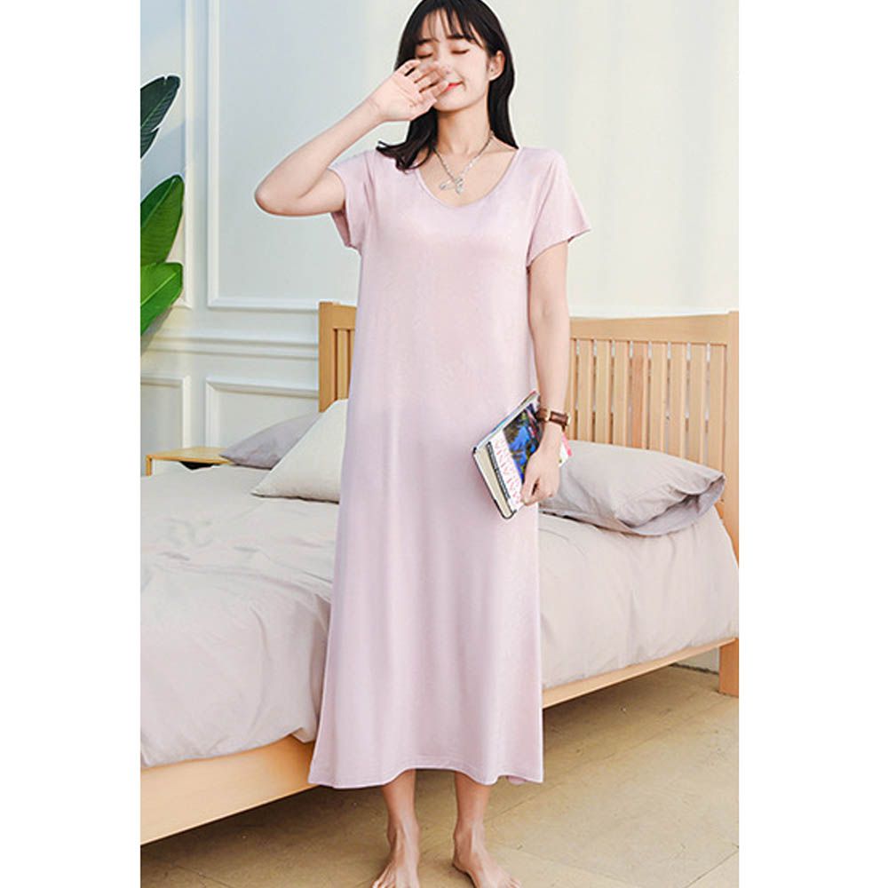 涼感莫代爾短袖Bra長洋裝-粉紫色