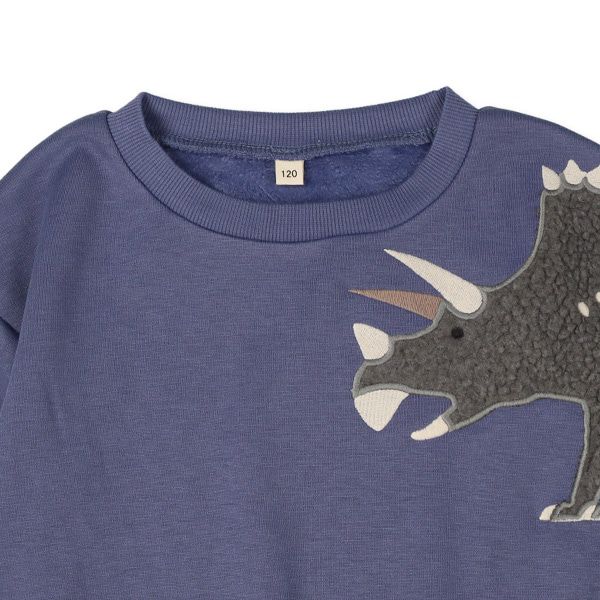 日本西松屋 - 刷毛圓領印花長袖上衣-恐龍拼接-灰藍