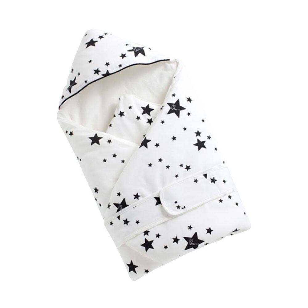 Muslin Tree - 秋冬嬰兒連帽抱被 全棉新生兒包巾/蓋被(附腰帶)-黑白五角星 (90*90cm)