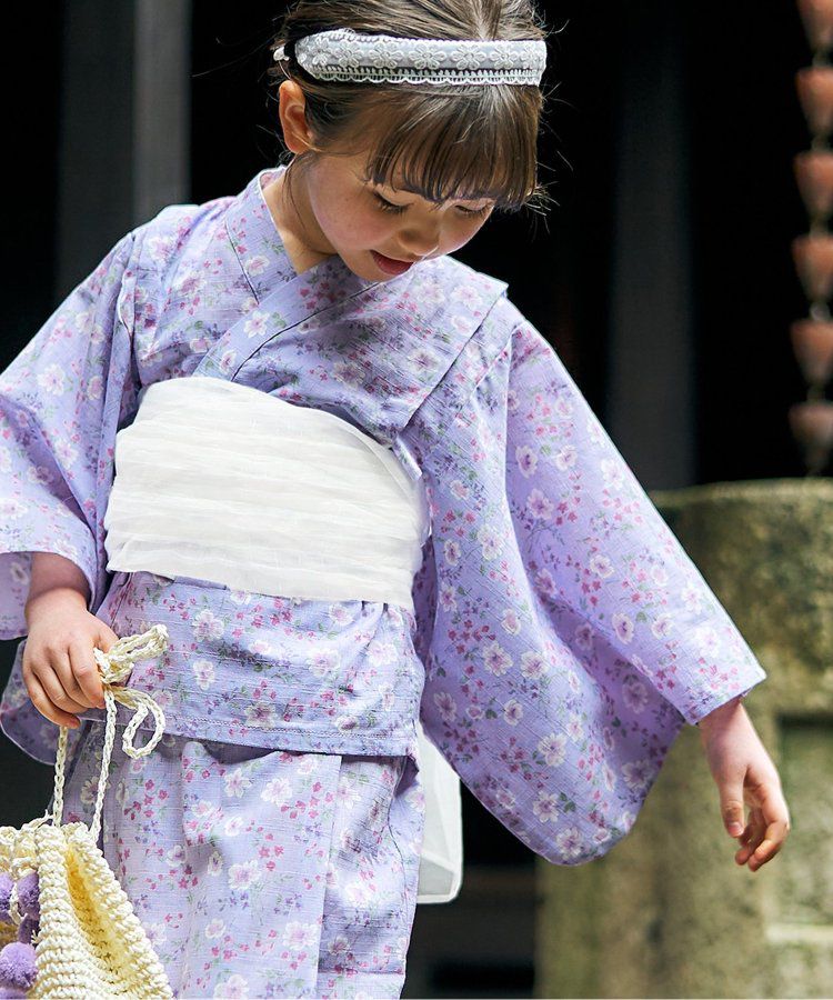 日本 apres les cours - 華麗腰帶風純棉二件式浴衣-椿花-紅藍條紋