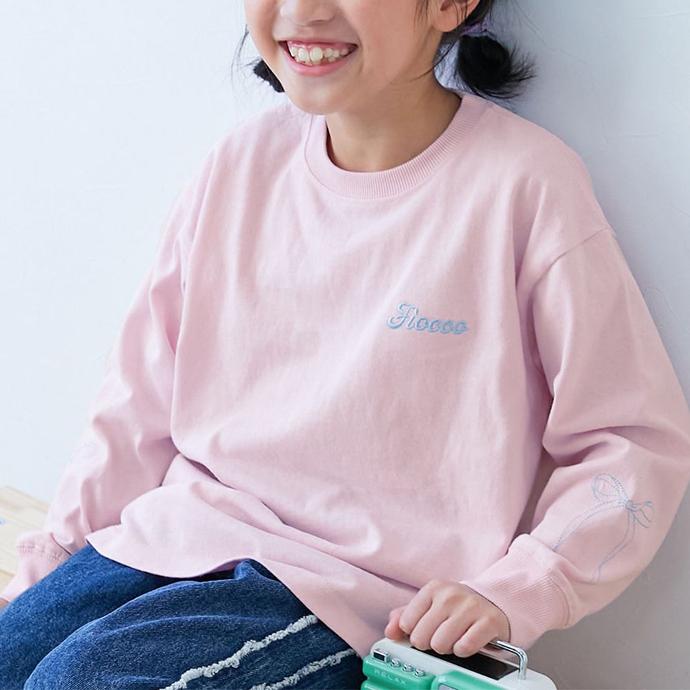 100%棉 甜美手腕刺繡長袖上衣-蝴蝶結-櫻花粉