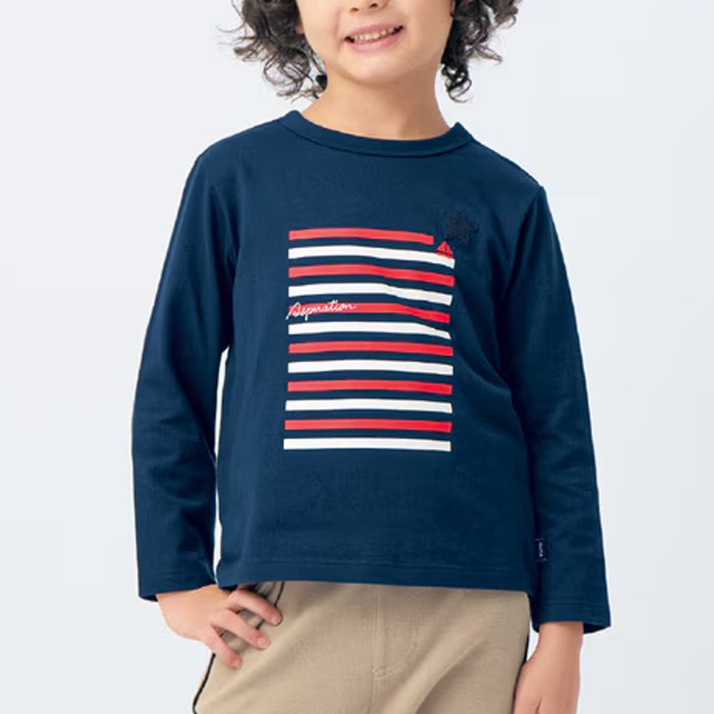 GITA 100%棉舒適印花長袖上衣-線條-海軍藍