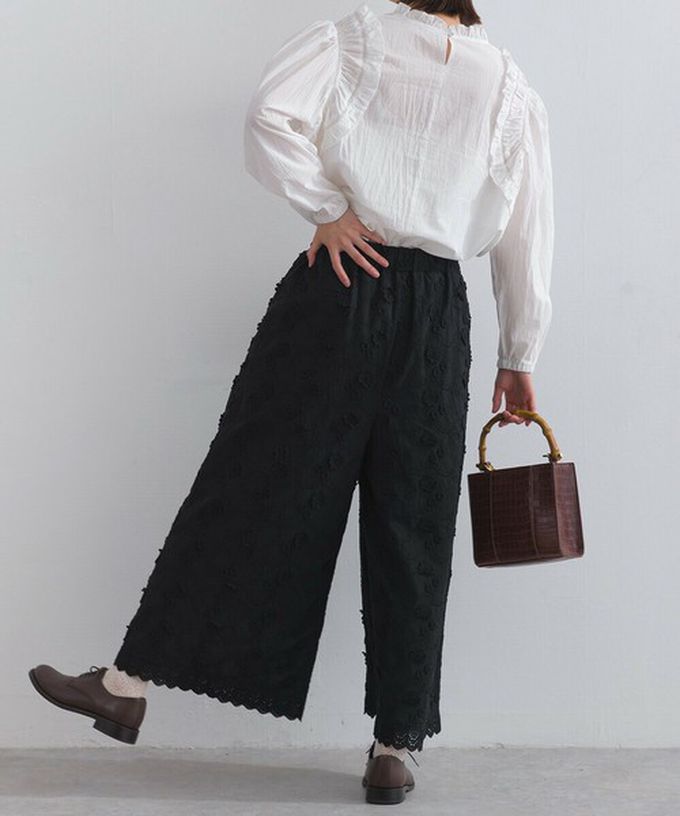 日本 Lupilien - 100%棉 奢華滿版緹花刺繡寬褲-黑