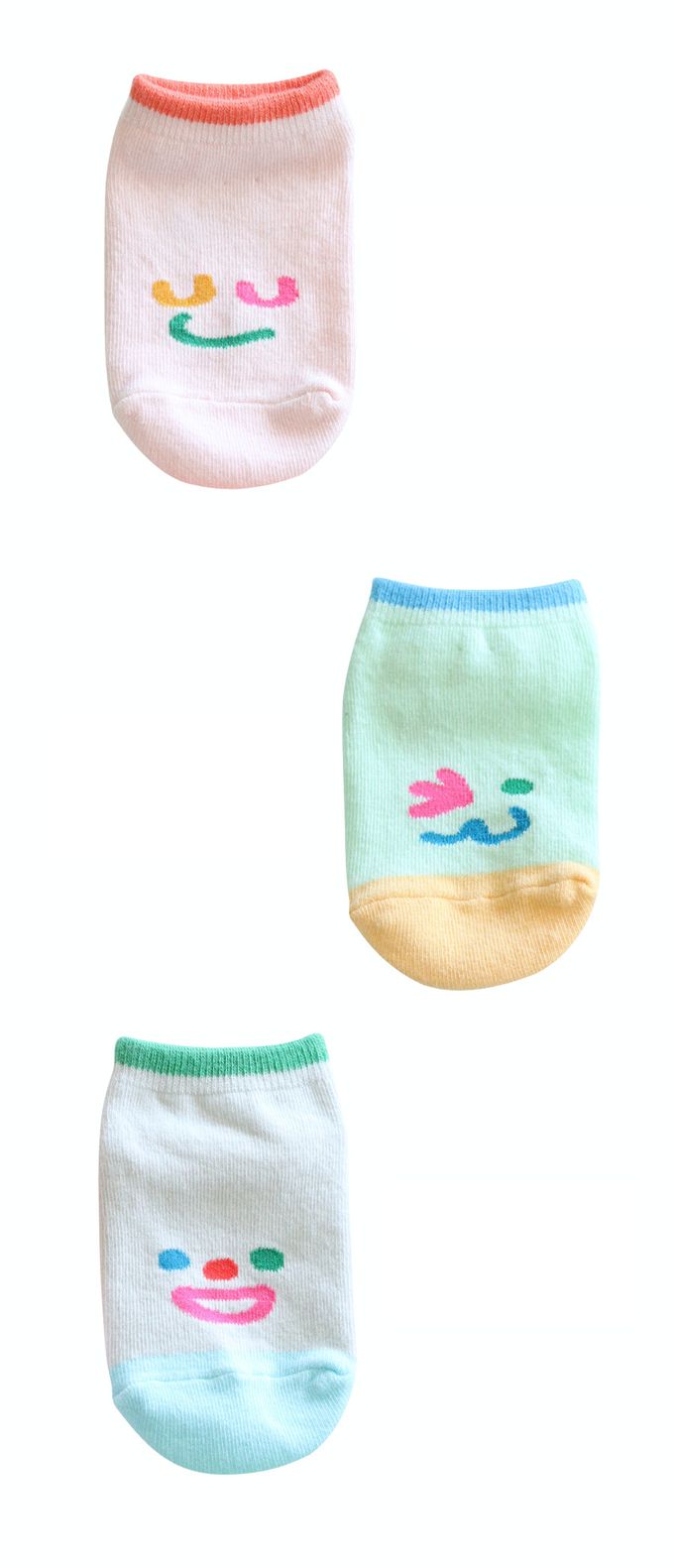 韓國 Kokacharm - 兒童短襪/襪子三入組-笑臉-藍綠X粉橘