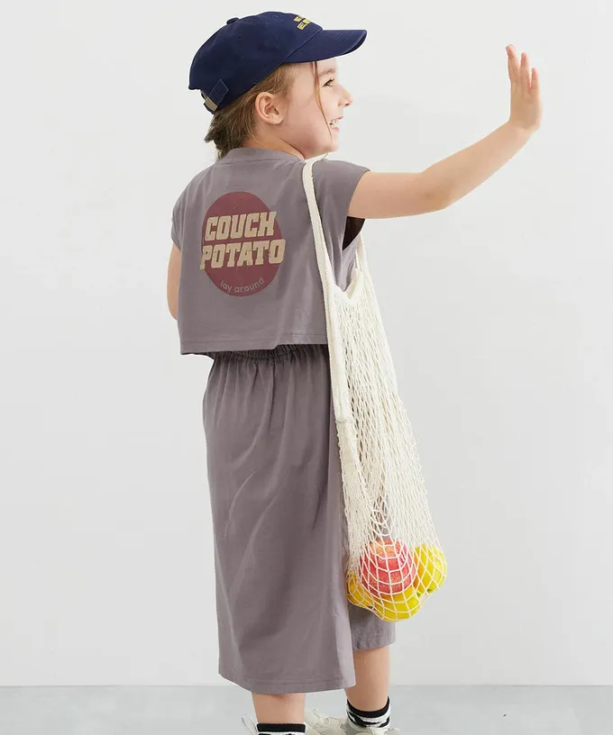 日本 devirock - 背後開口美式印花短袖洋裝-紫羅蘭