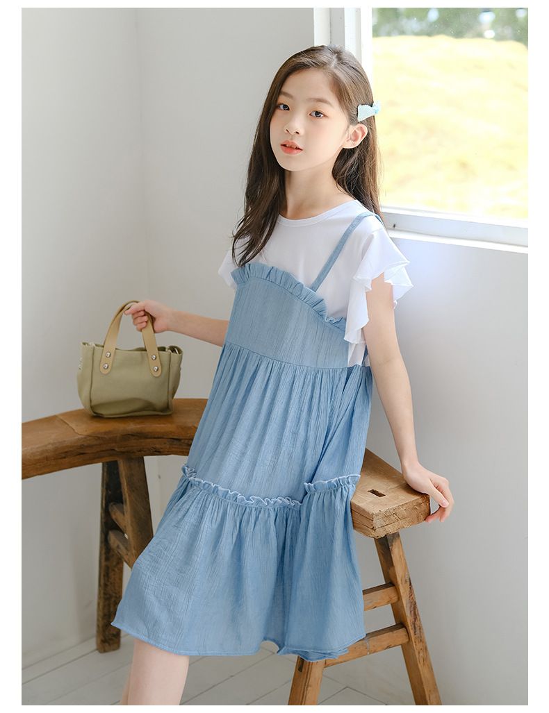 假兩件式拼接蛋糕裙洋裝-藍+白
