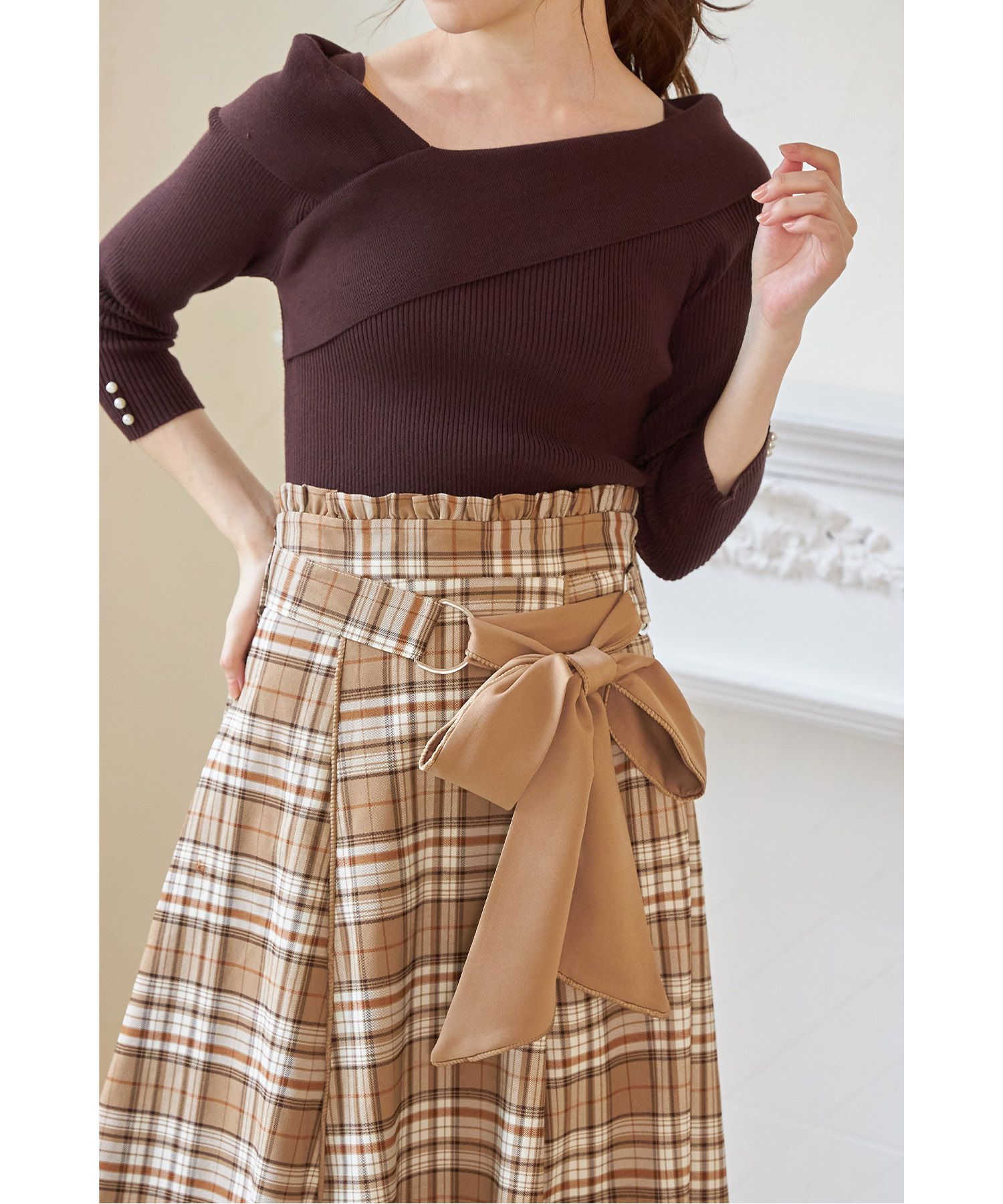 日本 tocco-closet - 蝴蝶紐結格紋修身長裙-簡約黑