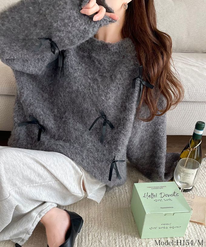 日本 Classical Elf - 甜美滿點 毛海蝴蝶結浪漫毛衣-深灰