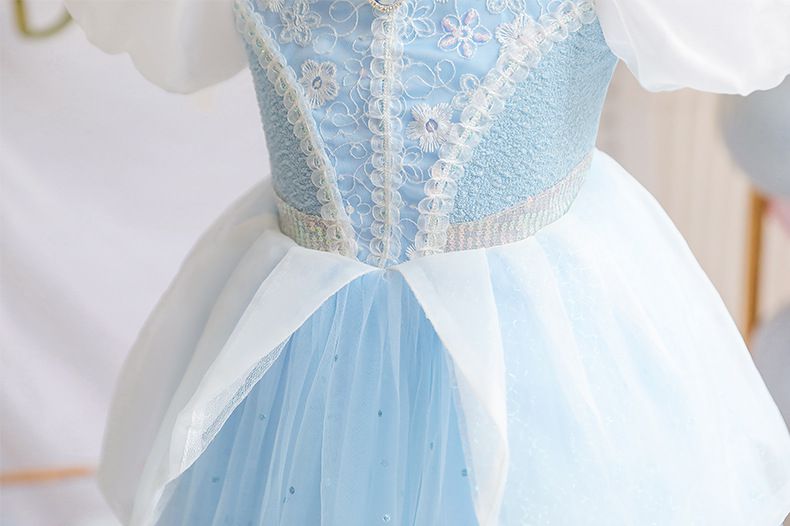 灰姑娘公主袖網紗洋裝-溫柔藍