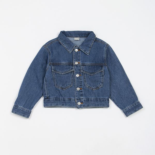 日本 petit main - 聯名款 經典印花廓形牛仔夾克-卡通人物米奇米妮-丹寧藍