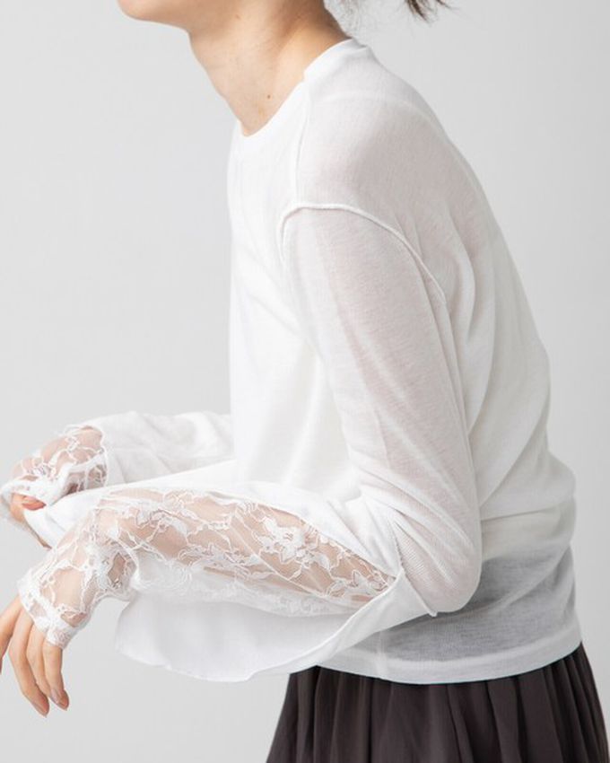 日本 gleam - 薄透合身蕾絲拼接長袖上衣-白