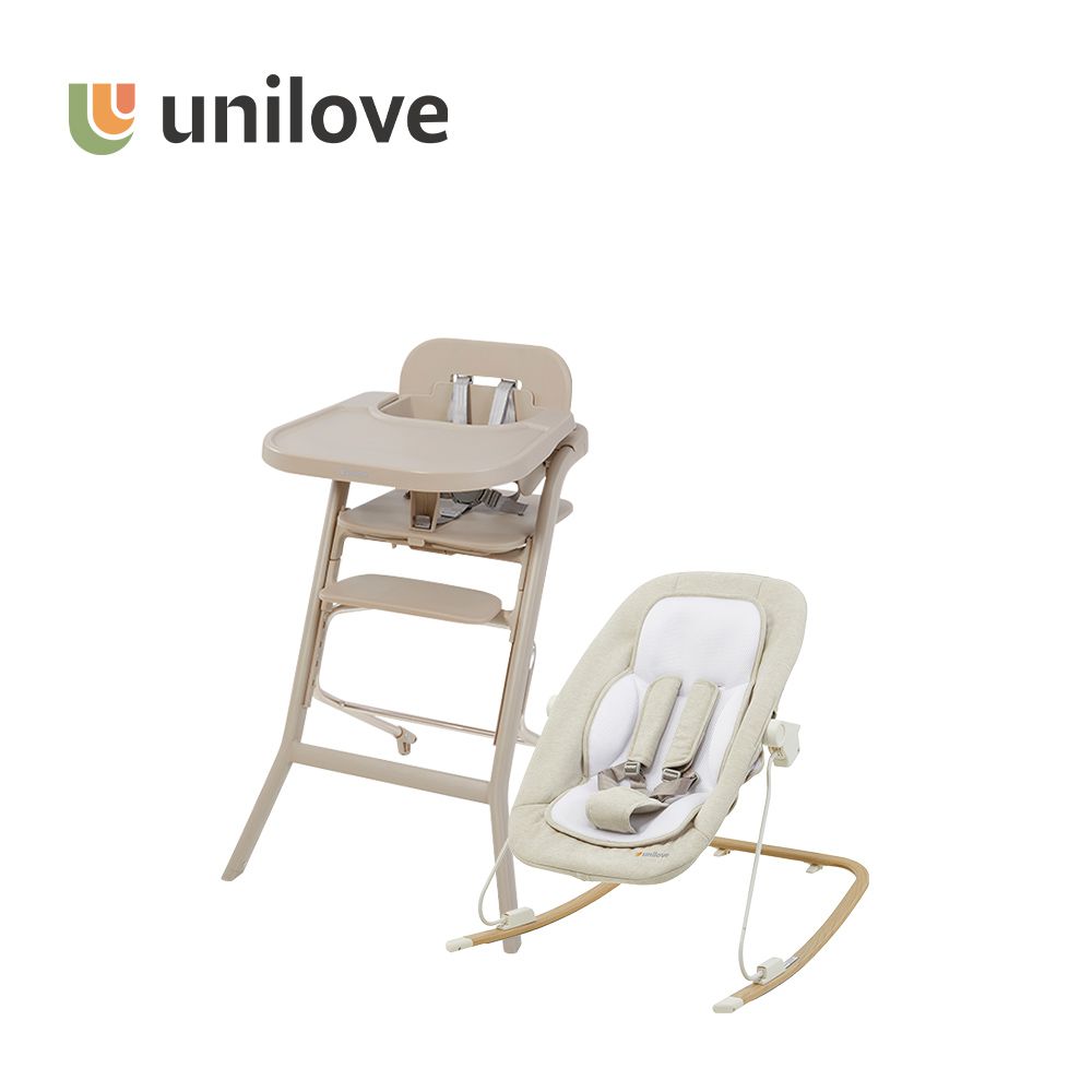 Unilove Akudo 嬰兒安撫搖椅+Grow With Me 兒童成長餐椅組合-含座布-香檳褐