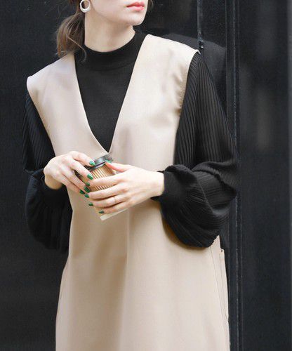 日本 Bou Jeloud - 異材質拼接百摺長袖上衣-萊姆黃