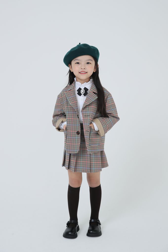 韓國 Coco Bang - 多彩色線格紋翻領西裝外套-咖X紅X綠X藍紫