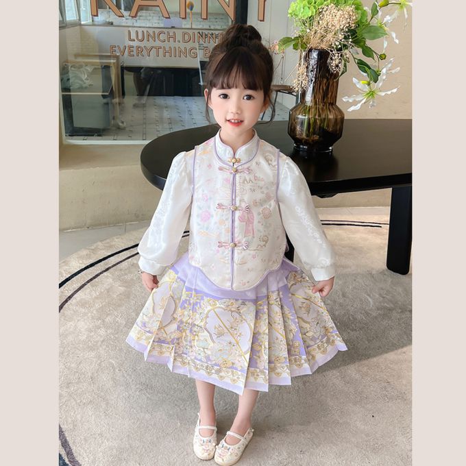 古風漢服旗袍領襯衫背心長裙套裝 新年拜年女童長裙套裝