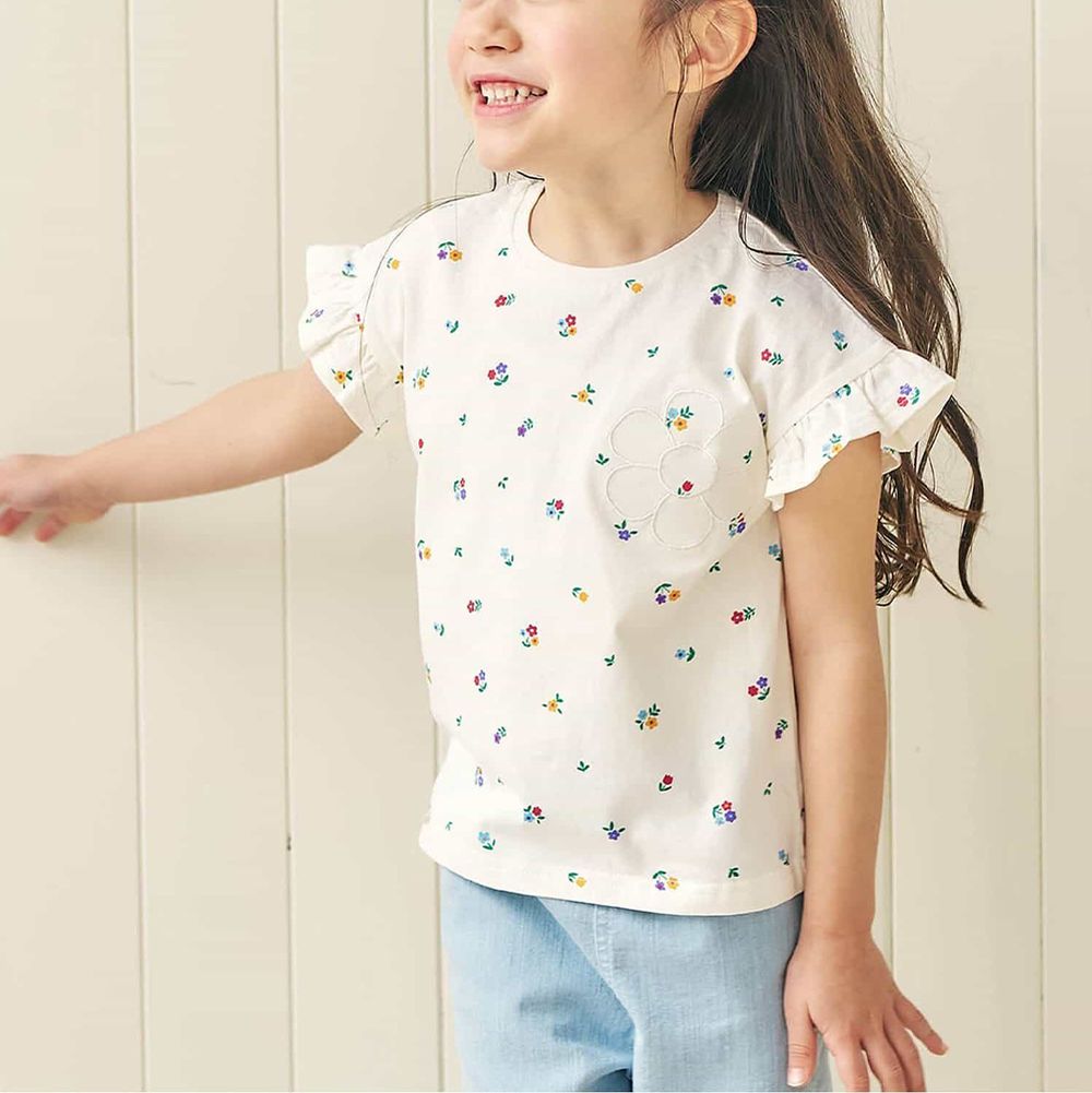 荷葉摺邊女孩短袖上衣-小花-象牙白