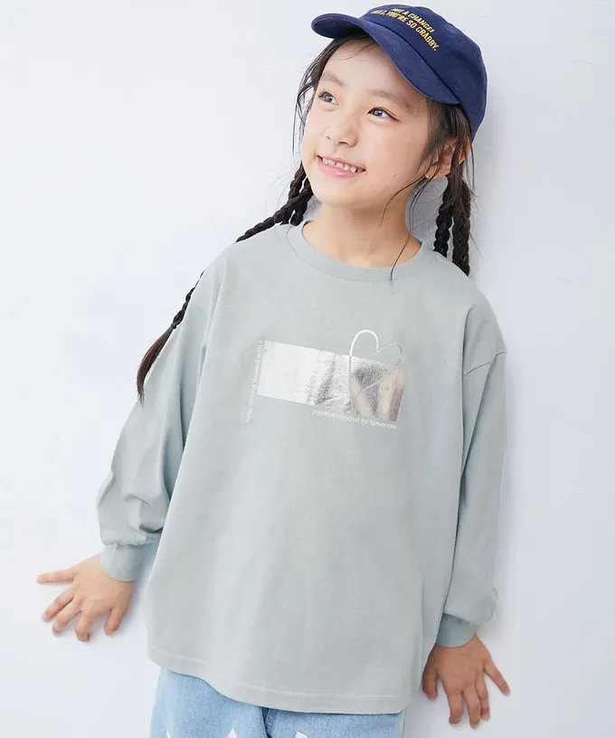 日本 devirock - 100%棉 閃亮金屬印花長袖上衣-愛心字母-白