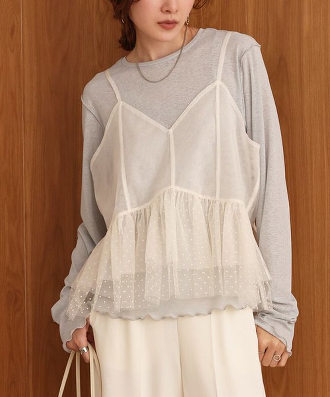 日本 Bab - 浪漫層次吊帶+裏毛上衣(2件組)-圓點薄紗-米白