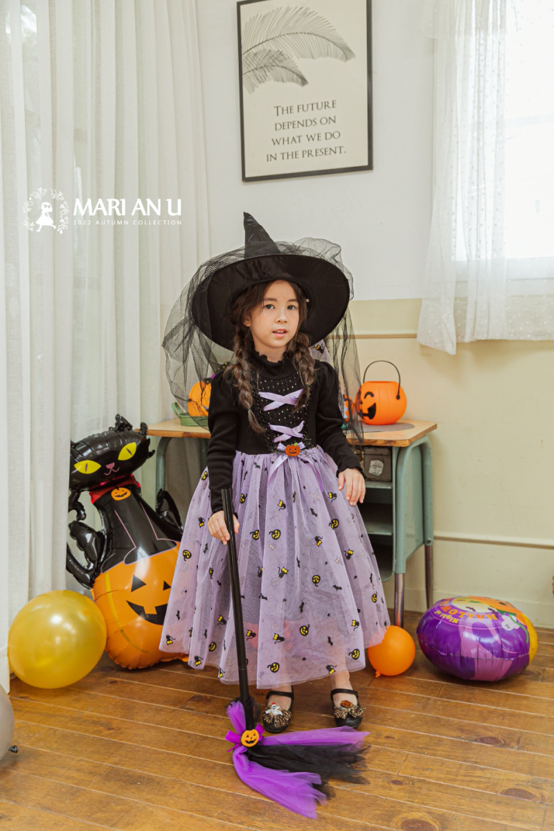 韓國 Mari an u - 萬聖節魔女南瓜網紗洋裝-黑X紫