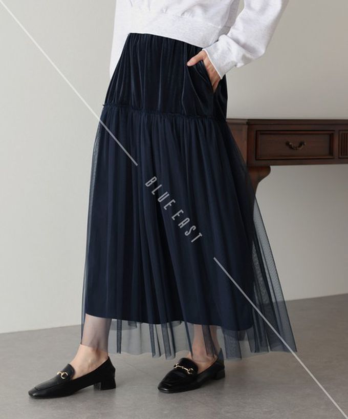 日本 BLUE EAST - 薄紗絲絨拼接飄逸長裙-(可選長度)-深藍