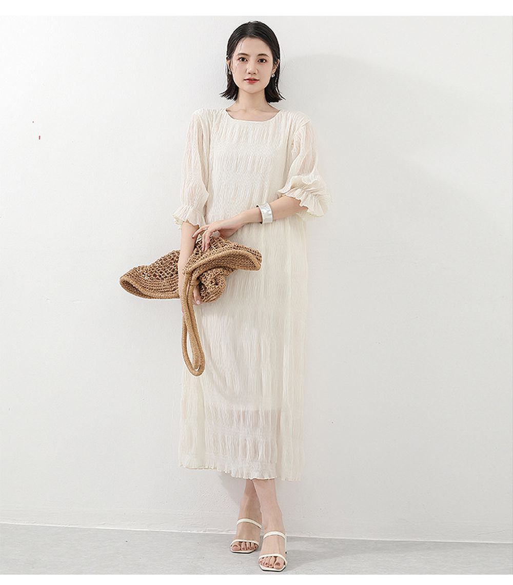 氣質滿分壓摺雪紡泡泡袖長洋裝-米杏色 (F)