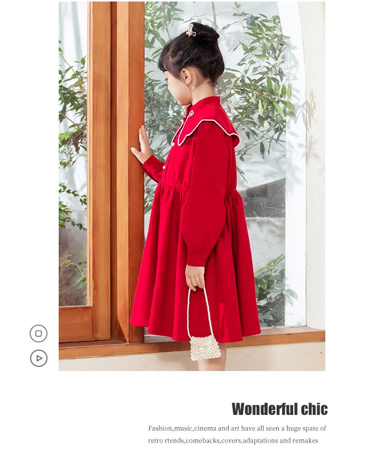 娃娃領燈芯絨長袖洋裝-卡其色