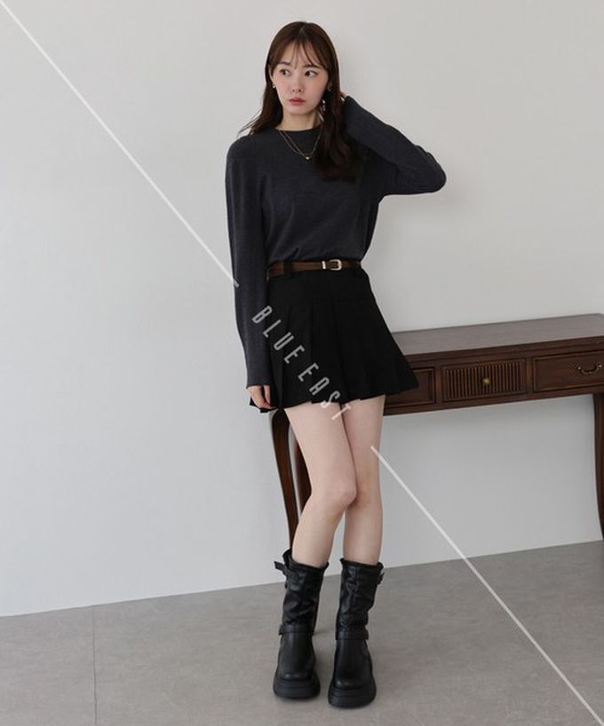 日本 BLUE EAST - 時髦麂皮百褶迷你短裙(附皮帶)-咖啡