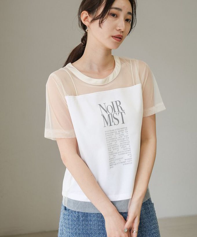 日本 Bab - 個性風透膚薄紗層次短袖上衣-英文字印花-白