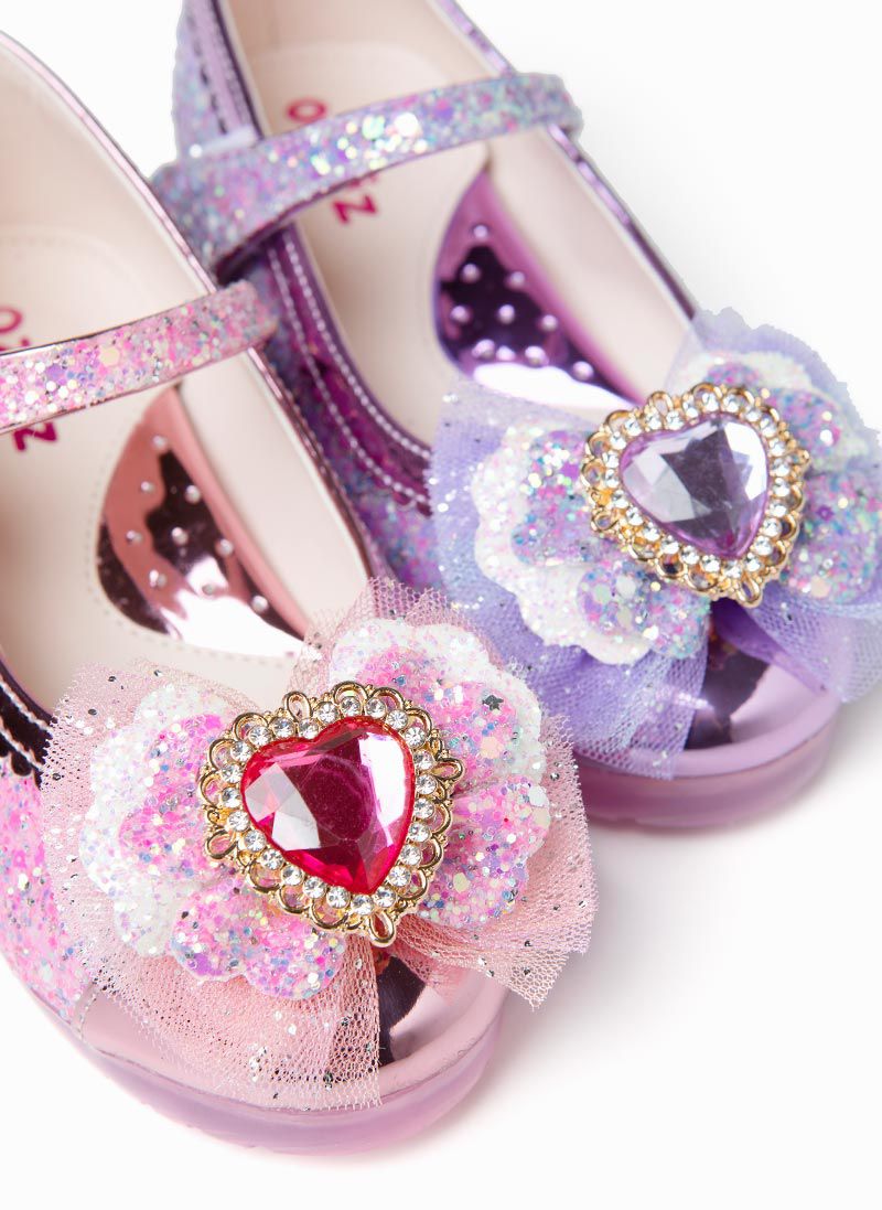 韓國 OZKIZ - (LED)愛心鑽點綴蝴蝶結亮片皮鞋-紫