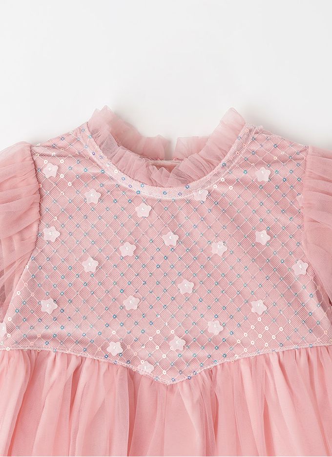 韓國 OZKIZ - 花朵亮片點綴網紗公主袖洋裝-粉