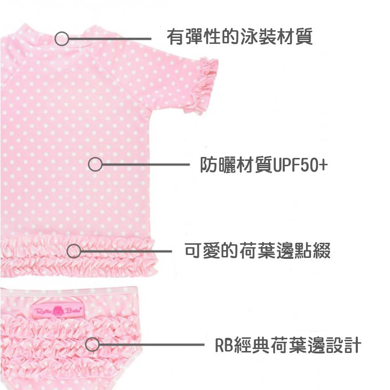 美國 RuffleButts - 小女童UPF 50+防曬兩件式短袖泳裝-粉色圓點