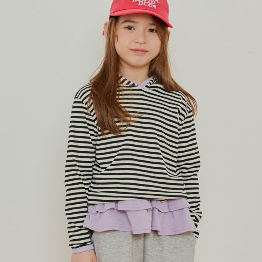 ERINJ 撞色滾邊橫紋連帽長袖上衣-黑