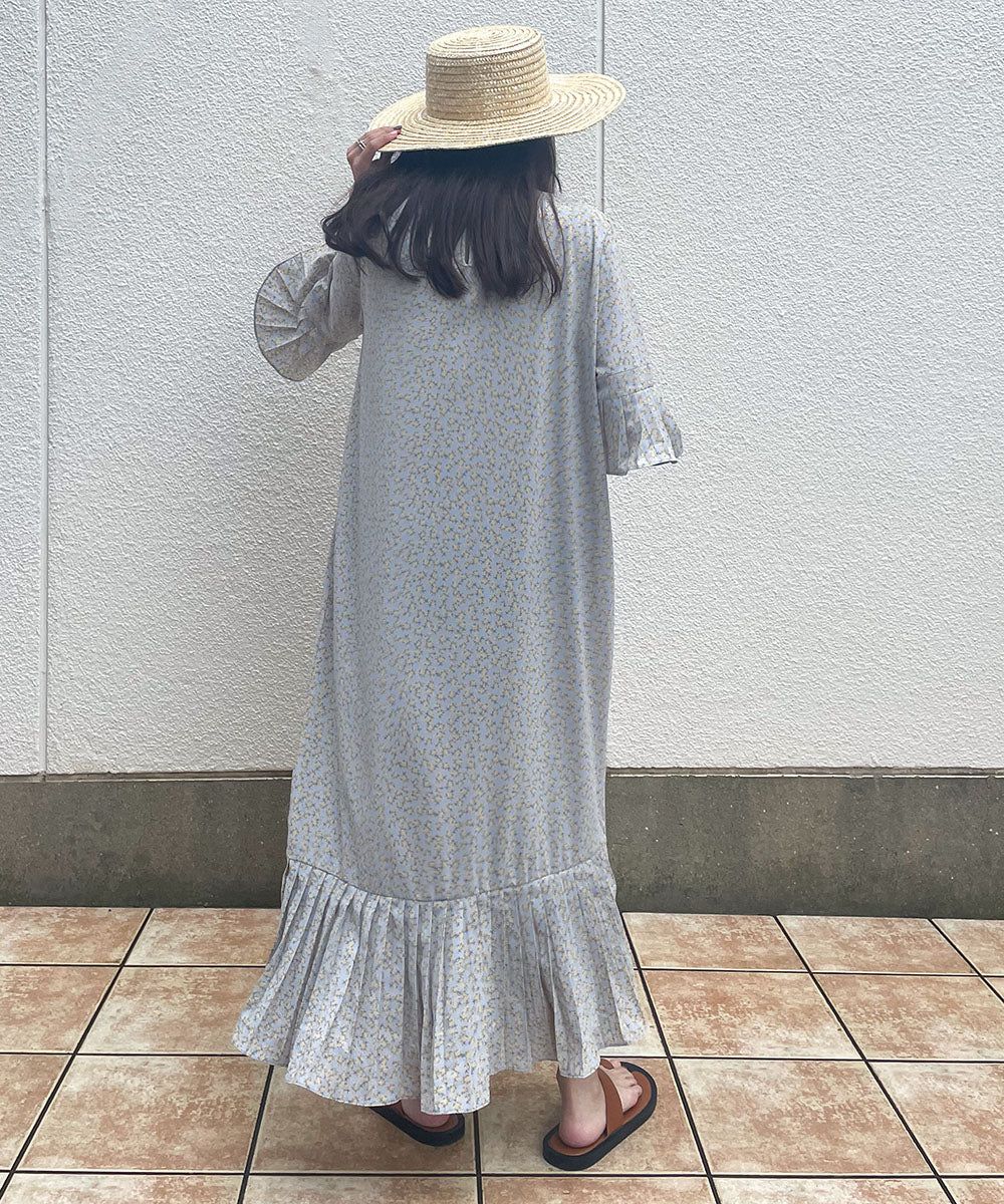 日本 Bab - 圓領碎花糖果袖洋裝-奶油白