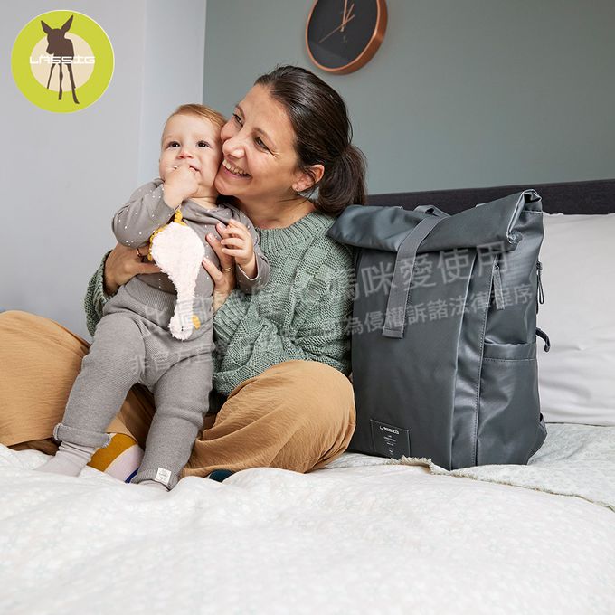 德國 Lassig - 文青色系方形後背媽媽包-燕麥奶-含尿布墊+推車掛勾+保溫瓶收納包