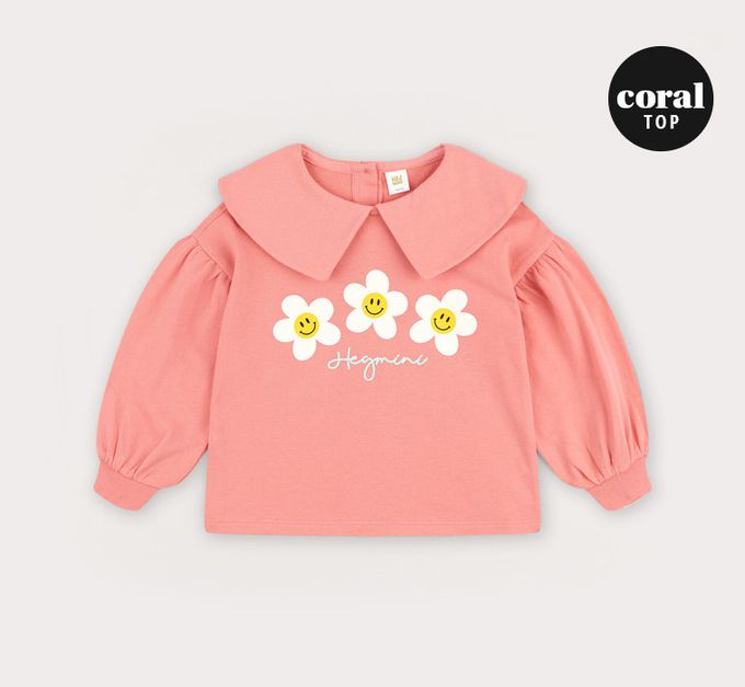 韓國 HEJMINI - 微笑白花裝飾澎袖內搭褲裙套裝-粉X淡橘